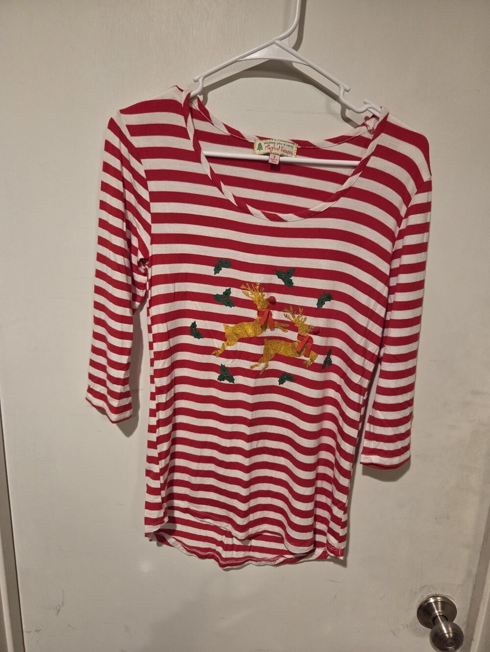Magical Season Red & White Striped Reindeer Graphic Top Size Small
